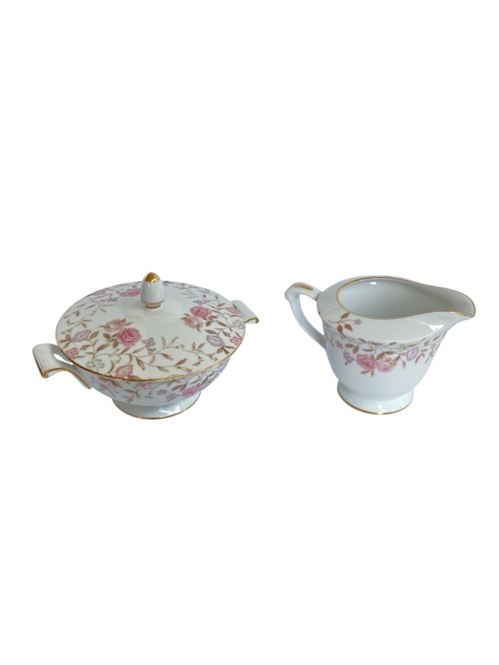 Vintage SANGO Pink Rose JEANETTE Creamer & Sugar Bowl PLATINUM Trim JAPAN
